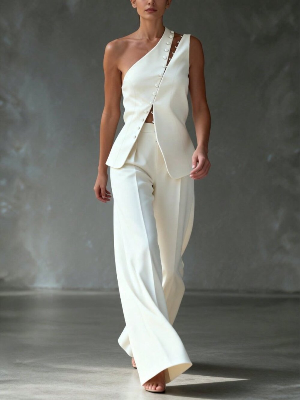 White Casual Women's Minimalist Button Front Button Oblique Shoulder Vest Top - Picture 8 of 8